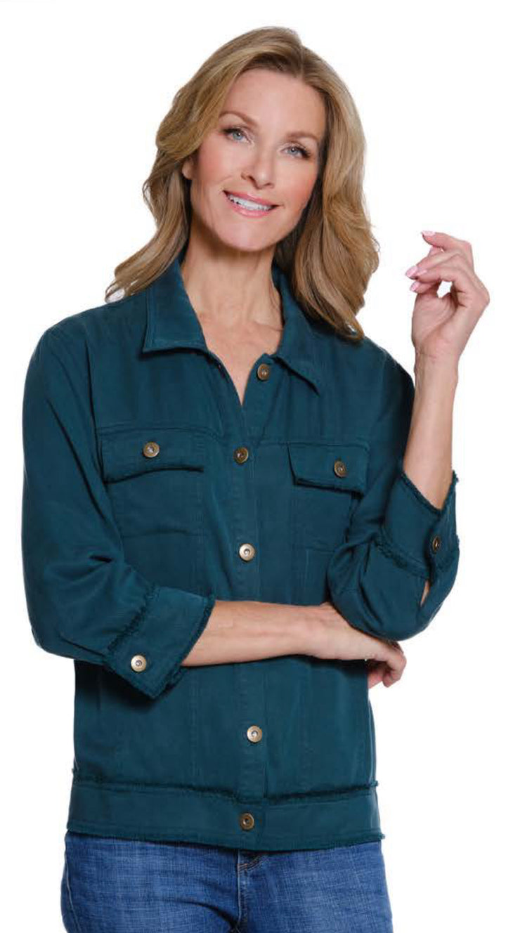 Multiples:  (Sun Stone) Cuffed 3/4 Sleeve Drop Shoulder Jacket in Deep Green (M35612JM)