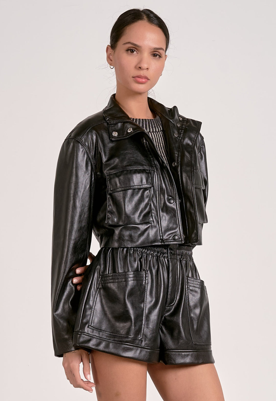Elan: Black Faux Leather Jacket fl8258