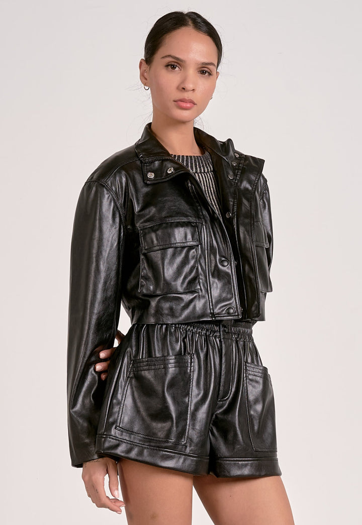 Elan: Black Faux Leather Jacket fl8258