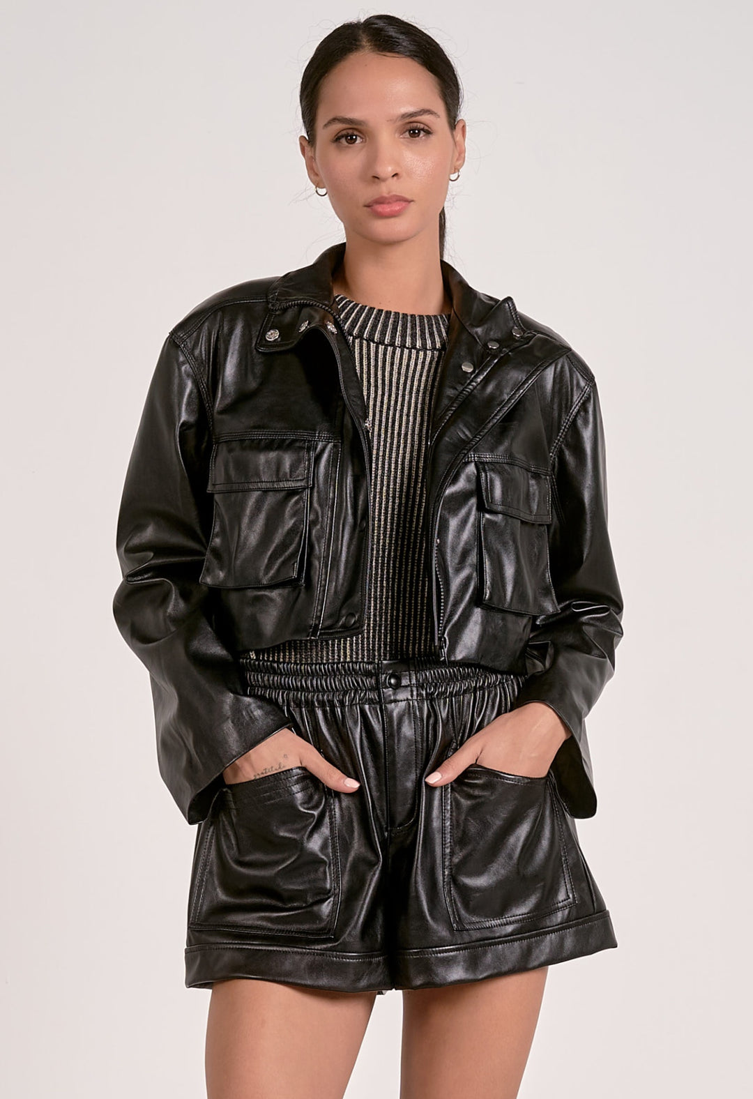 Elan: Black Faux Leather Jacket fl8258