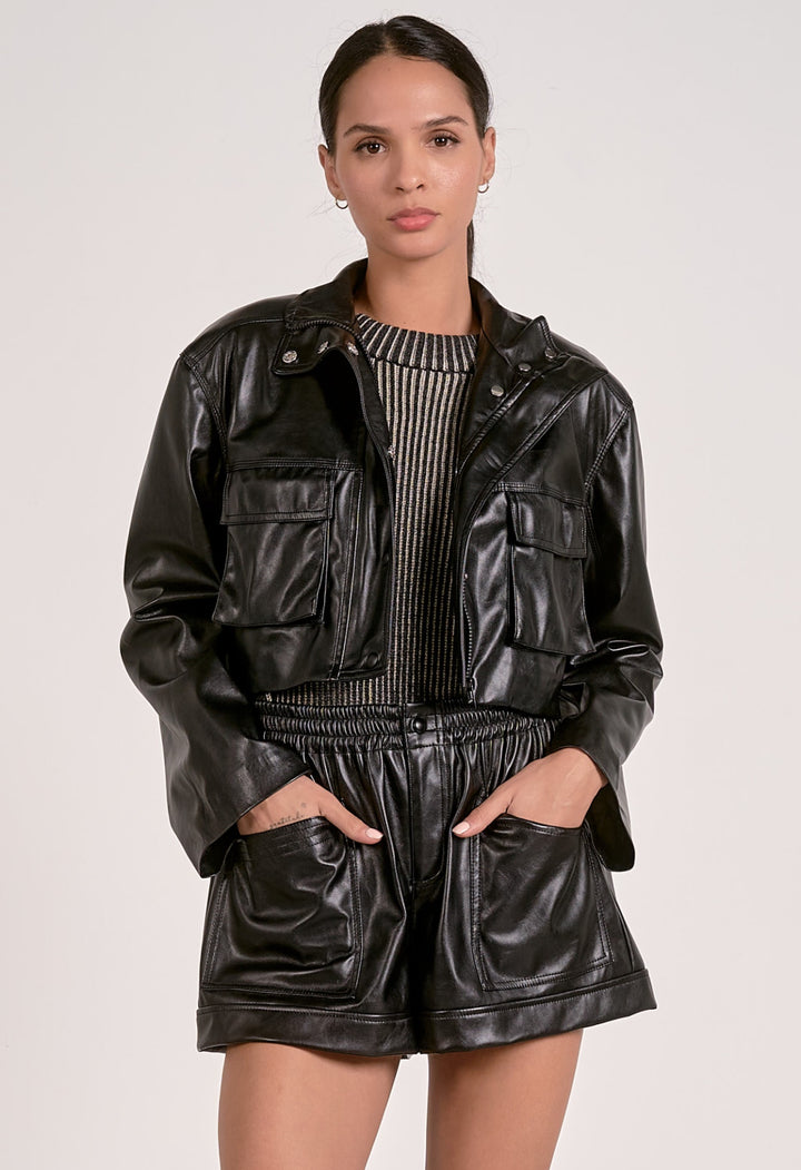 Elan: Black Faux Leather Jacket fl8258