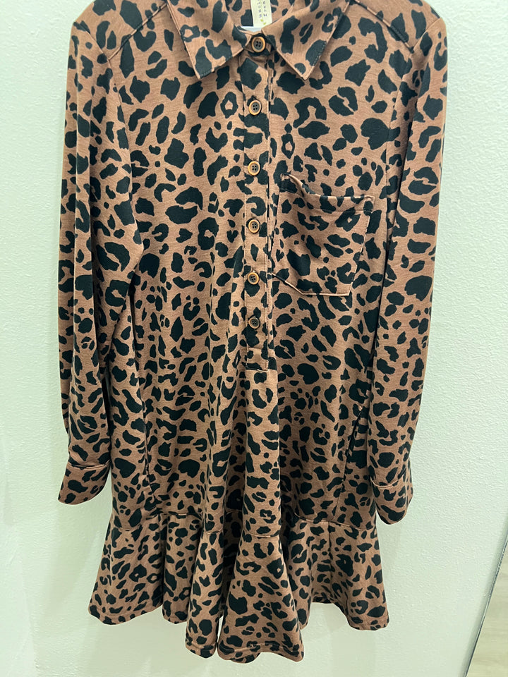 Uncle Frank: Leopard Printed Ruffled Dress in Rust