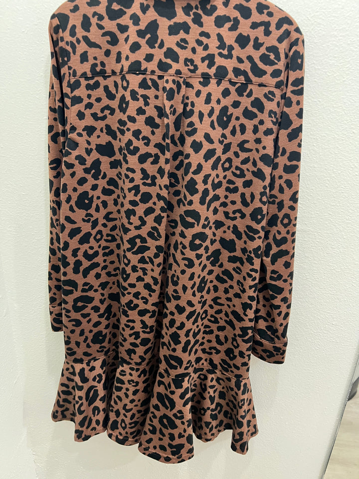Uncle Frank: Leopard Printed Ruffled Dress in Rust