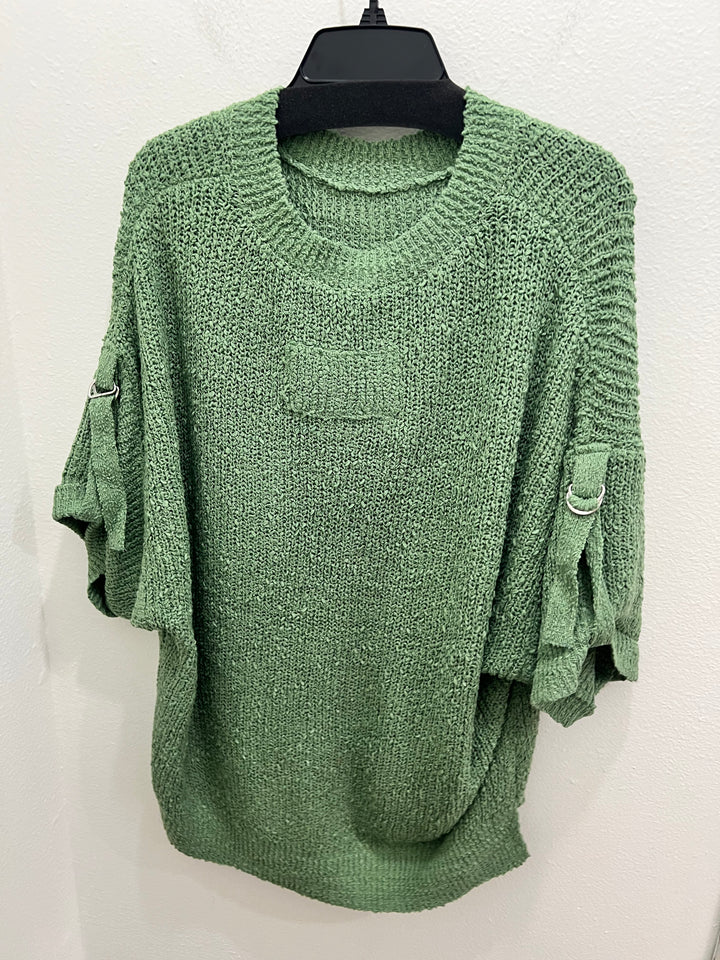 Tru Luxe: Roll Sleeve Crew Neck Sweater in Herb