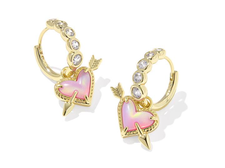 Kendra Scott: Heart Arrow Huggie Earring in Gold Pink Opalescent Resin