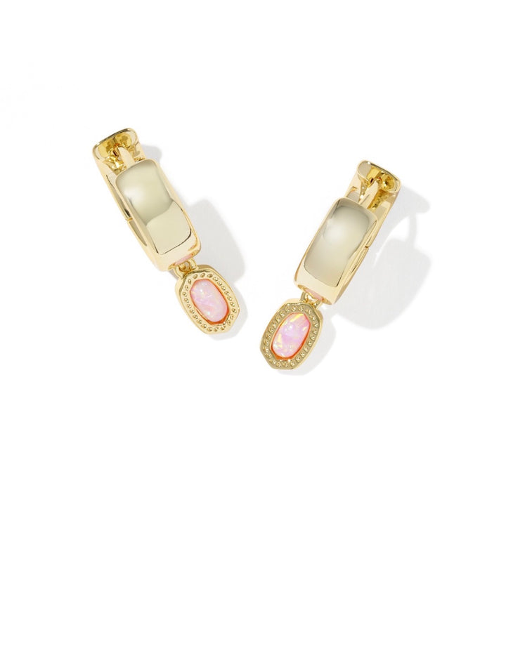 Kendra Scott: Mini Ellie Wide Huggie Earrings in Gold Light Pink Lab Grown Opal