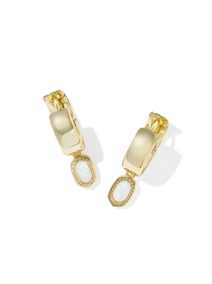 Kendra Scott: Mini Ellie Wide Huggie Earrings in Gold Bright White Lab Grown Opal