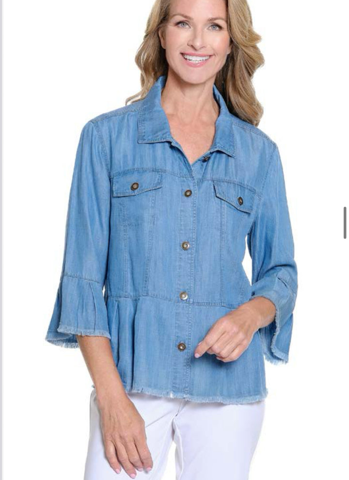 Multiples: (Liberty) Flounce Sleeve Peplum Jacket in LTINDG M25506JM