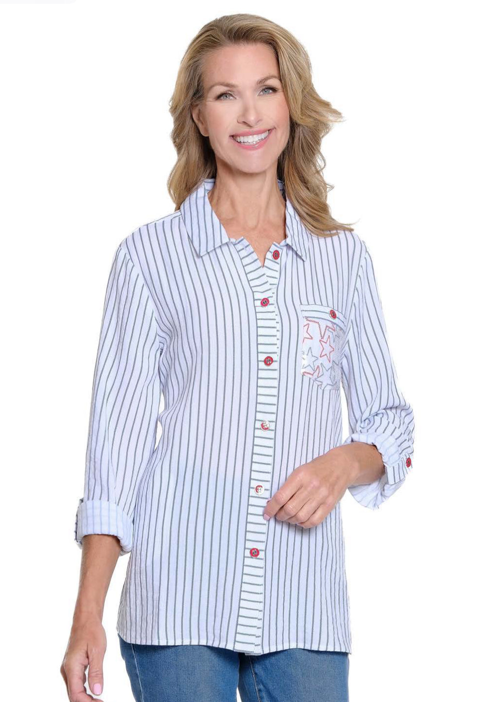 Multiples: (Liberty) Roll Tab Button Front Crinkle Woven Shirt M25508BM