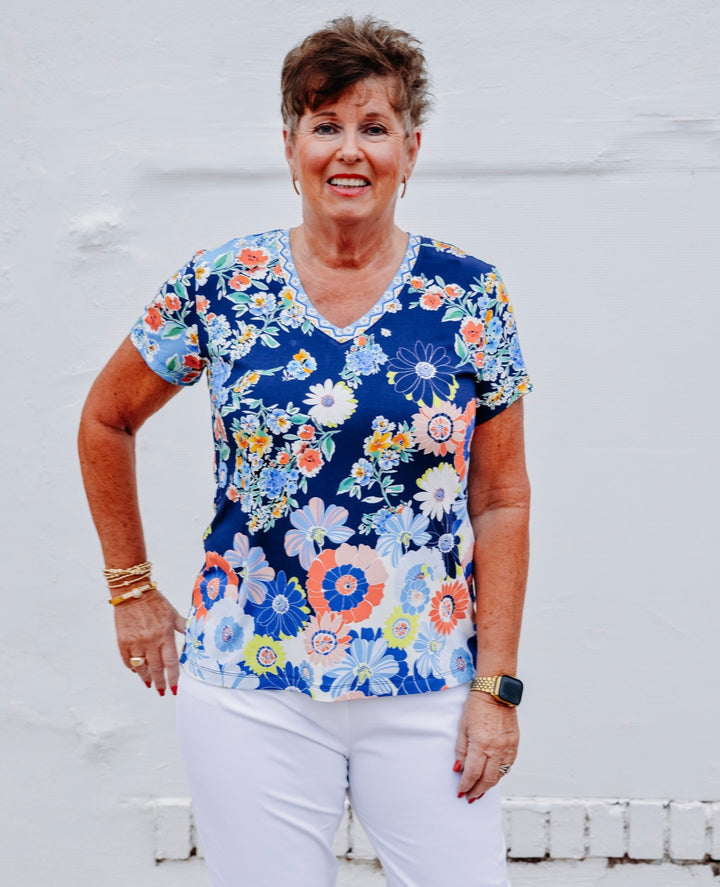 Johnny Was: The Janie Favorite Short Sleeve V-Neck Tee in Tiana Scarf (T13726)
