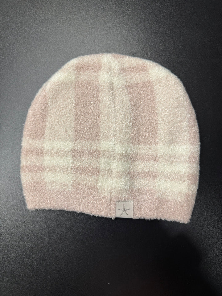 Barefoot Dreams: CCL Baby Plaid Beanie in Barely Pink / Cream