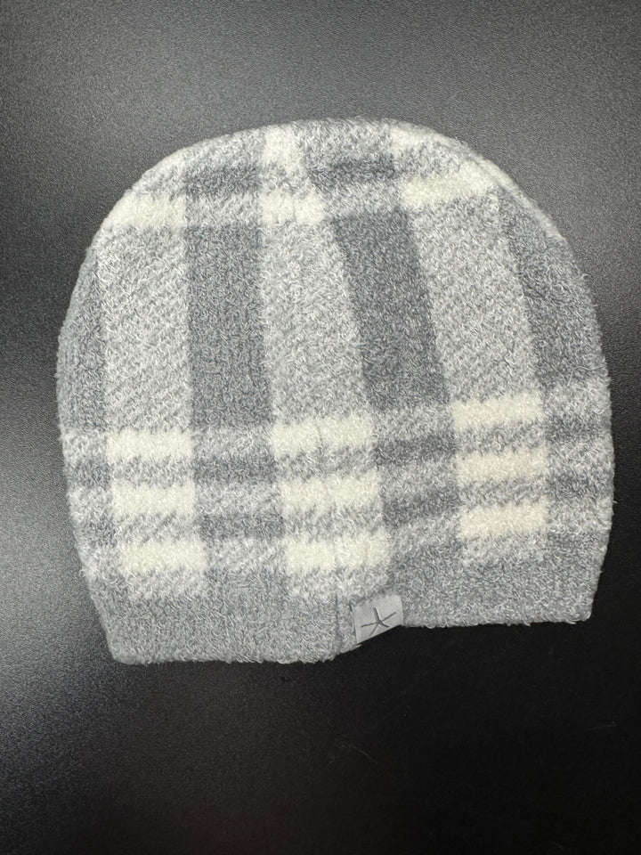 Barefoot Dreams: CCL Baby Plaid Beanie in Moonbeam / Cream