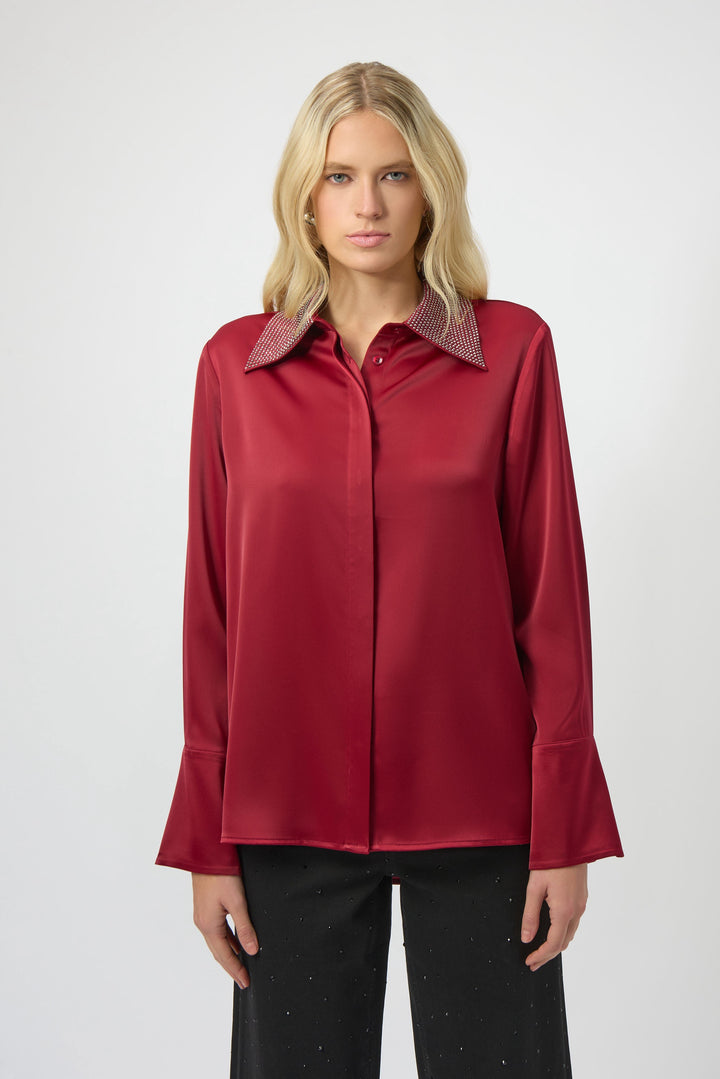 Joseph Ribkoff: Satin Button-Front Blouse with Embellished Collar in Deep Cherry (254926)