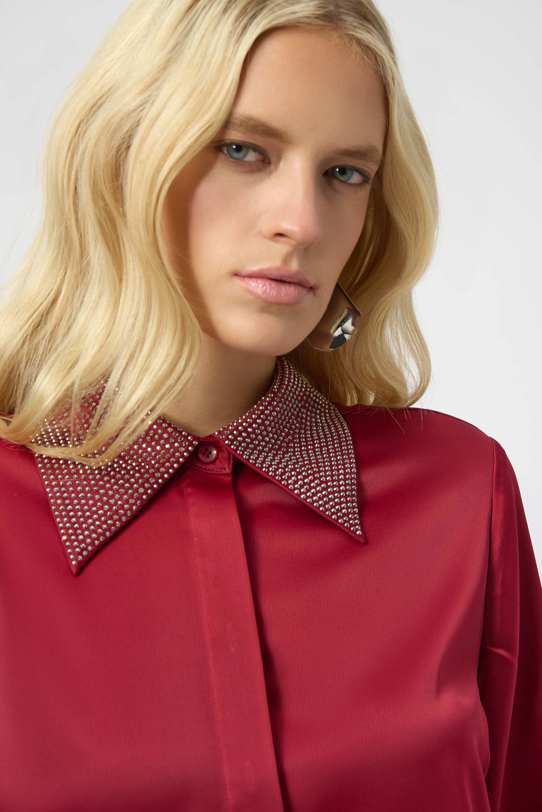 Joseph Ribkoff: Satin Button-Front Blouse with Embellished Collar in Deep Cherry (254926)