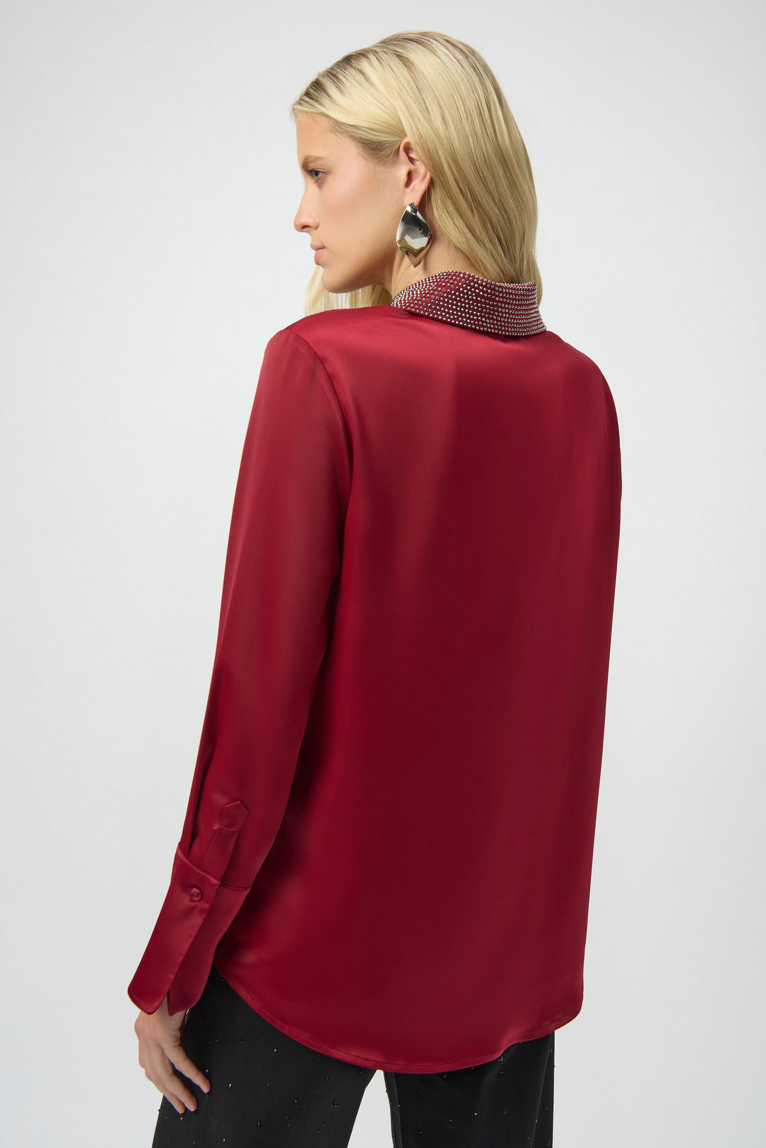 Joseph Ribkoff: Satin Button-Front Blouse with Embellished Collar in Deep Cherry (254926)