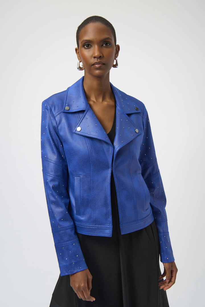 Joseph Ribkoff: Foiled Faux Suede Fitted Jacket with Rhinestones in Royal Sapphire