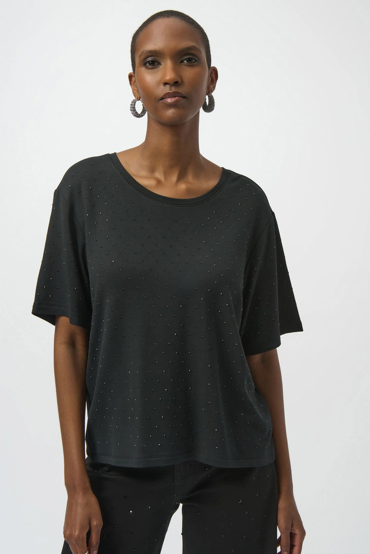 Joseph Ribkoff: Knit Scoop Neck T-Shirt with Rhinestones in Black