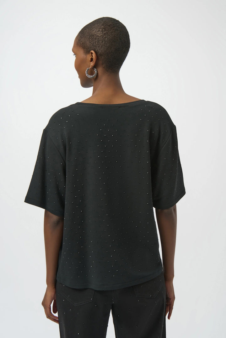 Joseph Ribkoff: Knit Scoop Neck T-Shirt with Rhinestones in Black