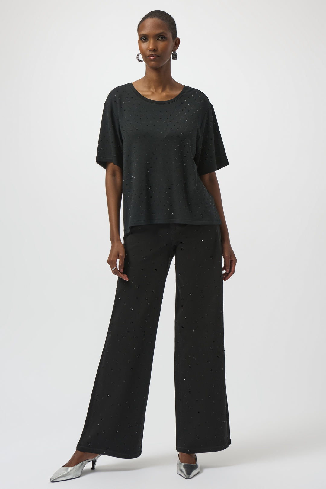 Joseph Ribkoff: Knit Scoop Neck T-Shirt with Rhinestones in Black