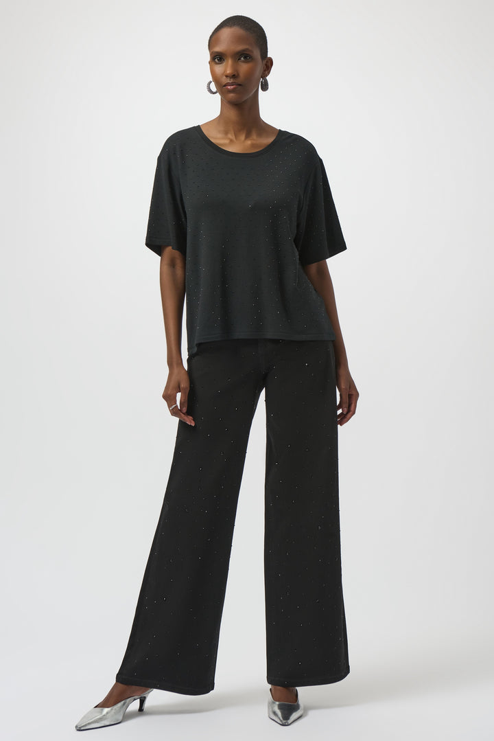 Joseph Ribkoff: Knit Scoop Neck T-Shirt with Rhinestones in Black