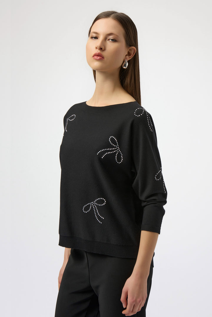 Joseph Ribkoff: Sweater Knit Pullover with Iron-On Bow Detail in Black (254950)