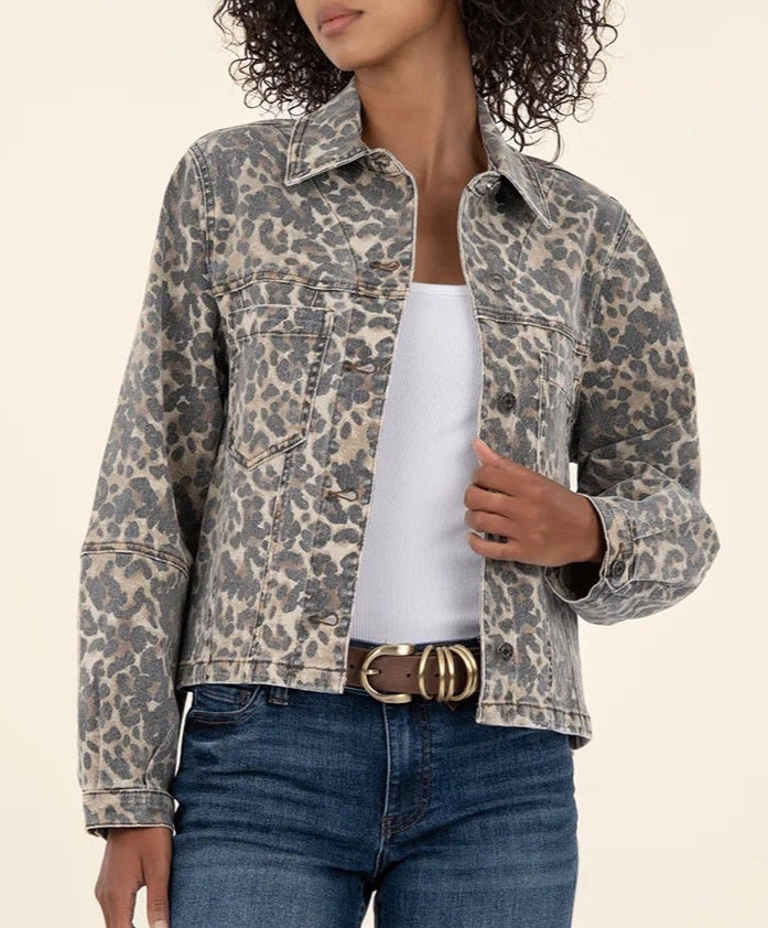 Kut: Bailey Button Front Jacket in Tan/Brown Leopard