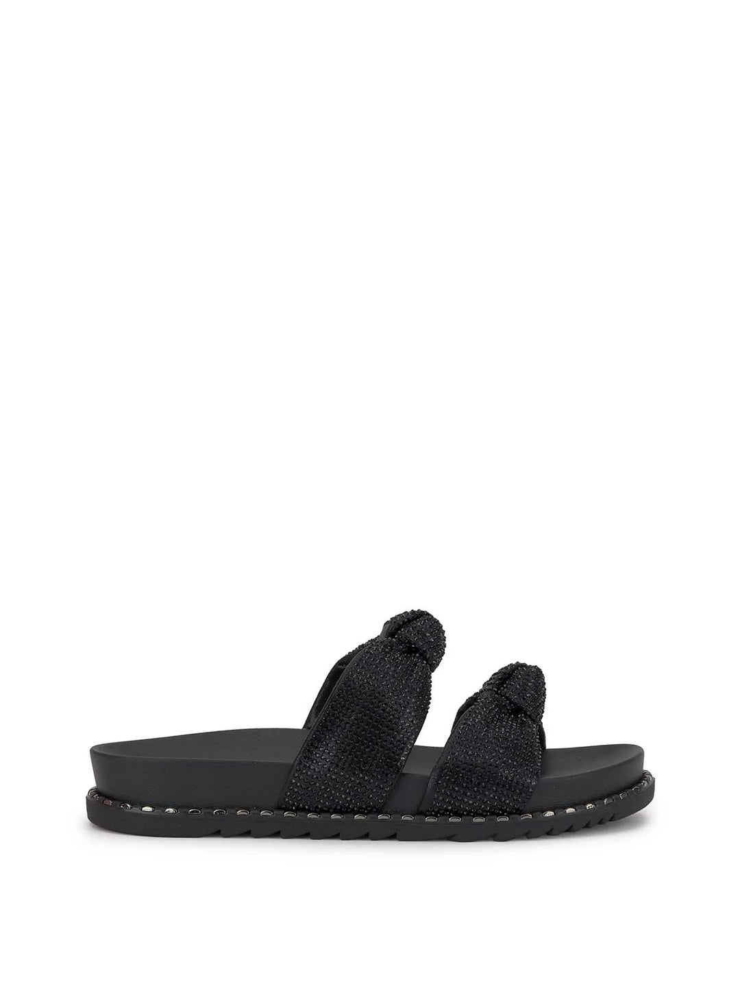 Jessica Simpson: Caralyna Flat Sandal in Black Shimmer - The Vogue Boutique