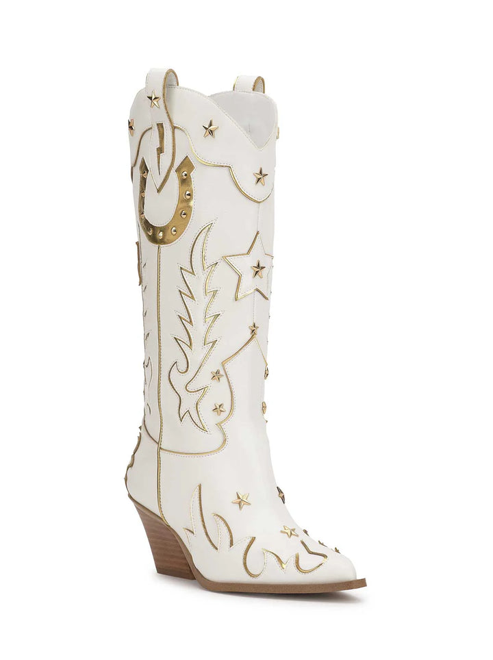 White cowboy boot with gold embroidery on a white background