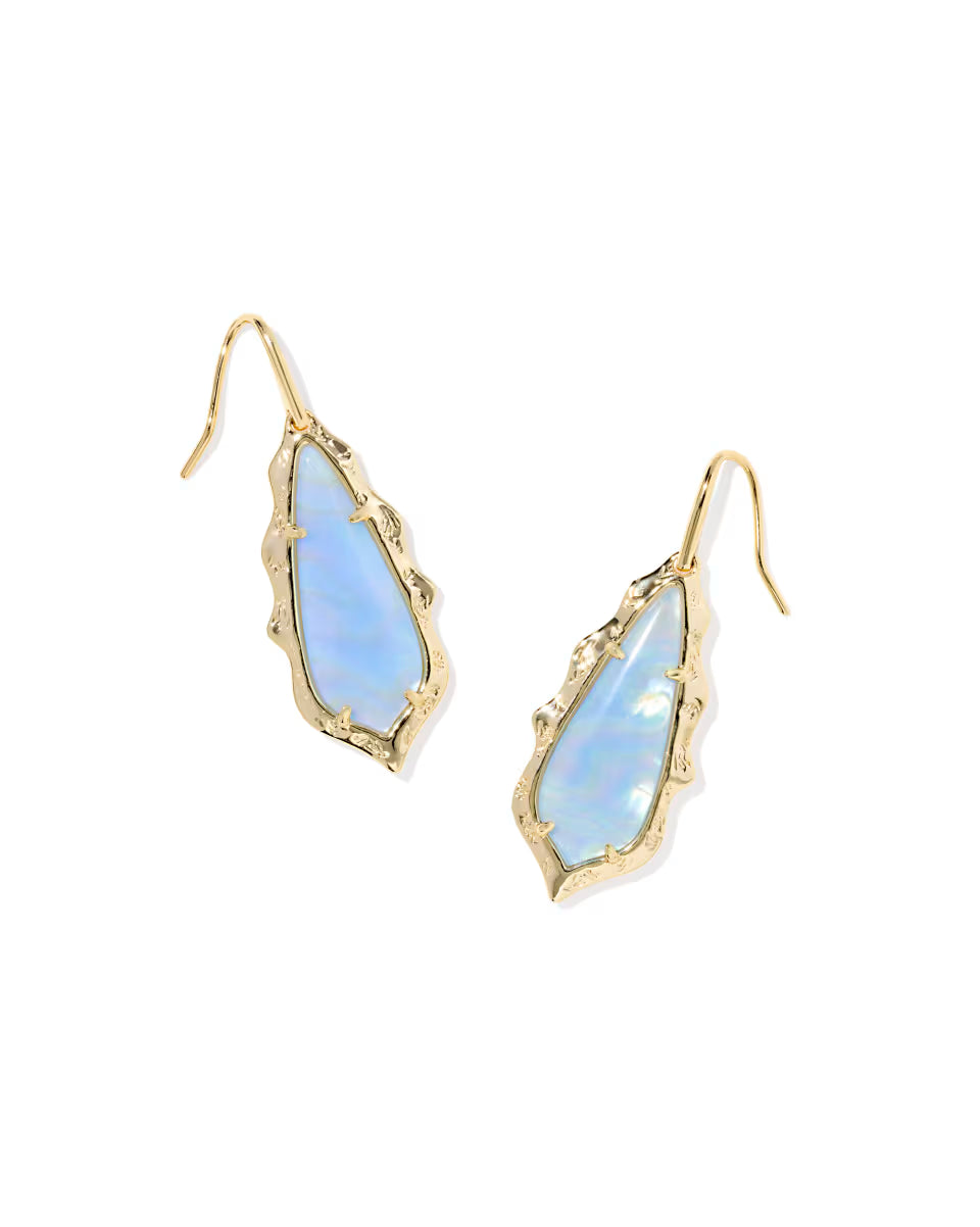 Kendra Scott: Adriana Scallop Frame Drop Earrings In Gold Sky Blue Iridescent Abalone - The Vogue Boutique