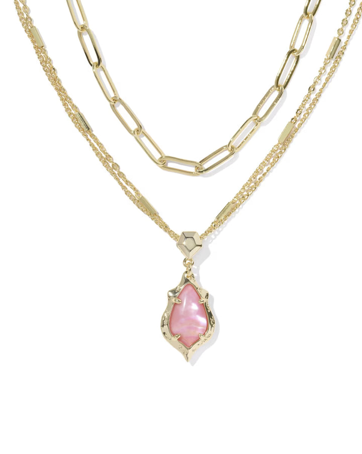Kendra Scott: Adriana Scallop Frame Multi Strand Necklace Gold Light Pink Iridescent Abalone (850) - The Vogue Boutique