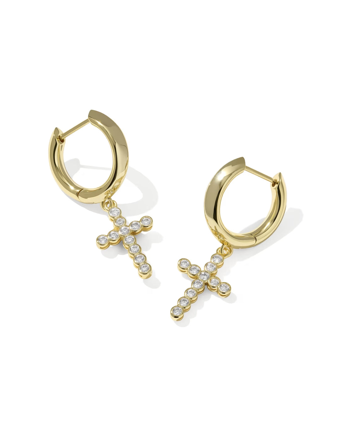 Kendra Scott: Cross Crystal Huggie Earrings in Gold White - The Vogue Boutique