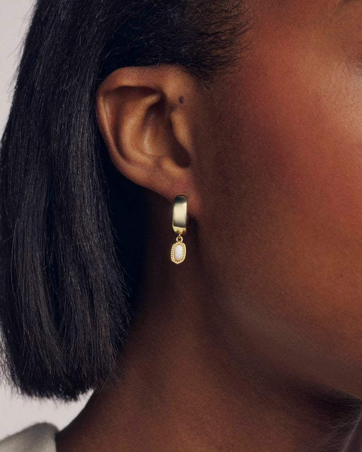 Kendra Scott: Mini Ellie Wide Huggie Earrings in Gold Light Pink Lab Grown Opal