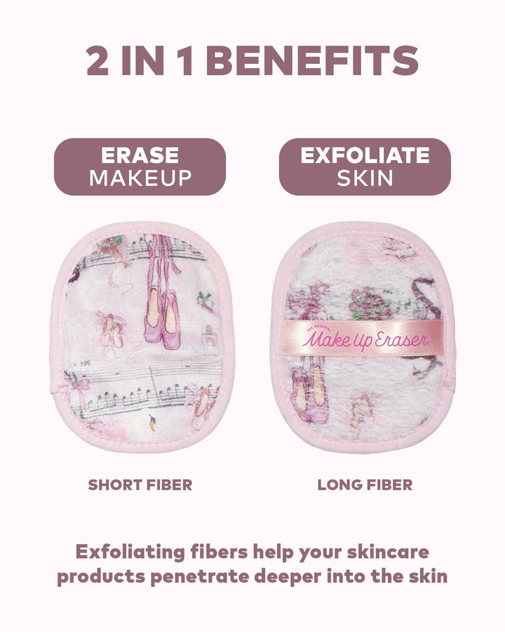 Pink ballet-themed makeup eraser cloths showing short and long fiber sides with exfoliating benefits