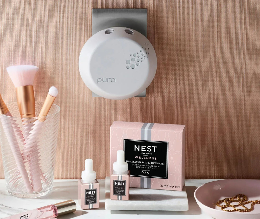 NEST New York Wellness Himalayan Salt & Rosewater Pura smart home fragrance diffuser refill pods with pink packaging