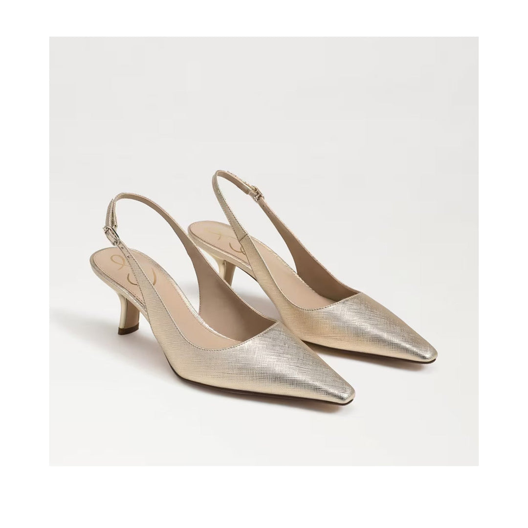 Sam Edelman Bianka gold metallic pointed toe slingback heels with kitten heel