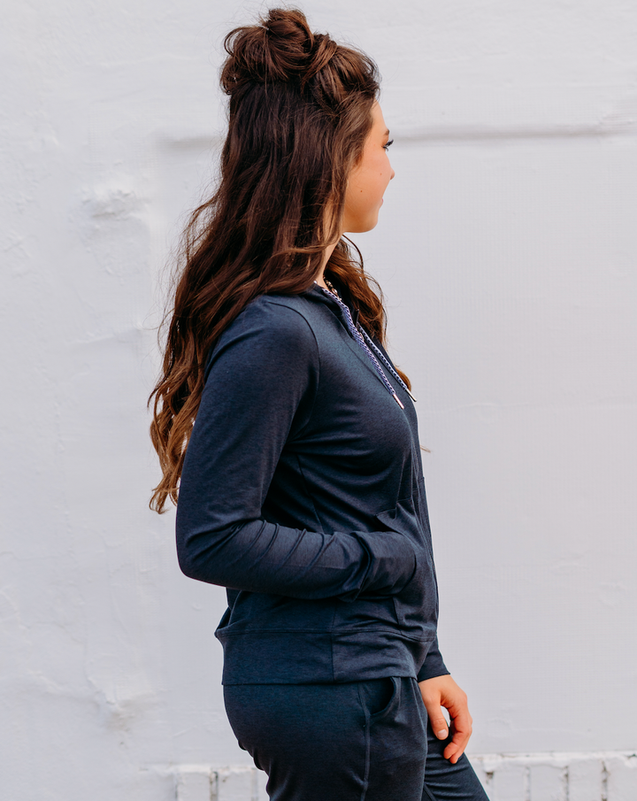 Glyder: On the Go Black Marble Zip Up Hoodie With grey and Black Strings