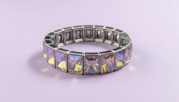 Taylor Elliott Designs: Enamel Stretch Bracelet Rectangle Gems Estelle Silver in Iridescent (B-75)