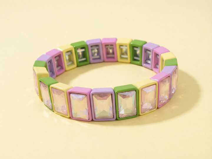 Colorful enamel stretch bracelet with rectangular gems in pastel colors