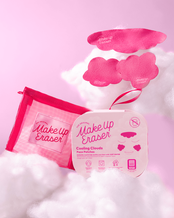 Pink Makeup Eraser Cooling Clouds face patches with cloud-shaped patches floating above packaging