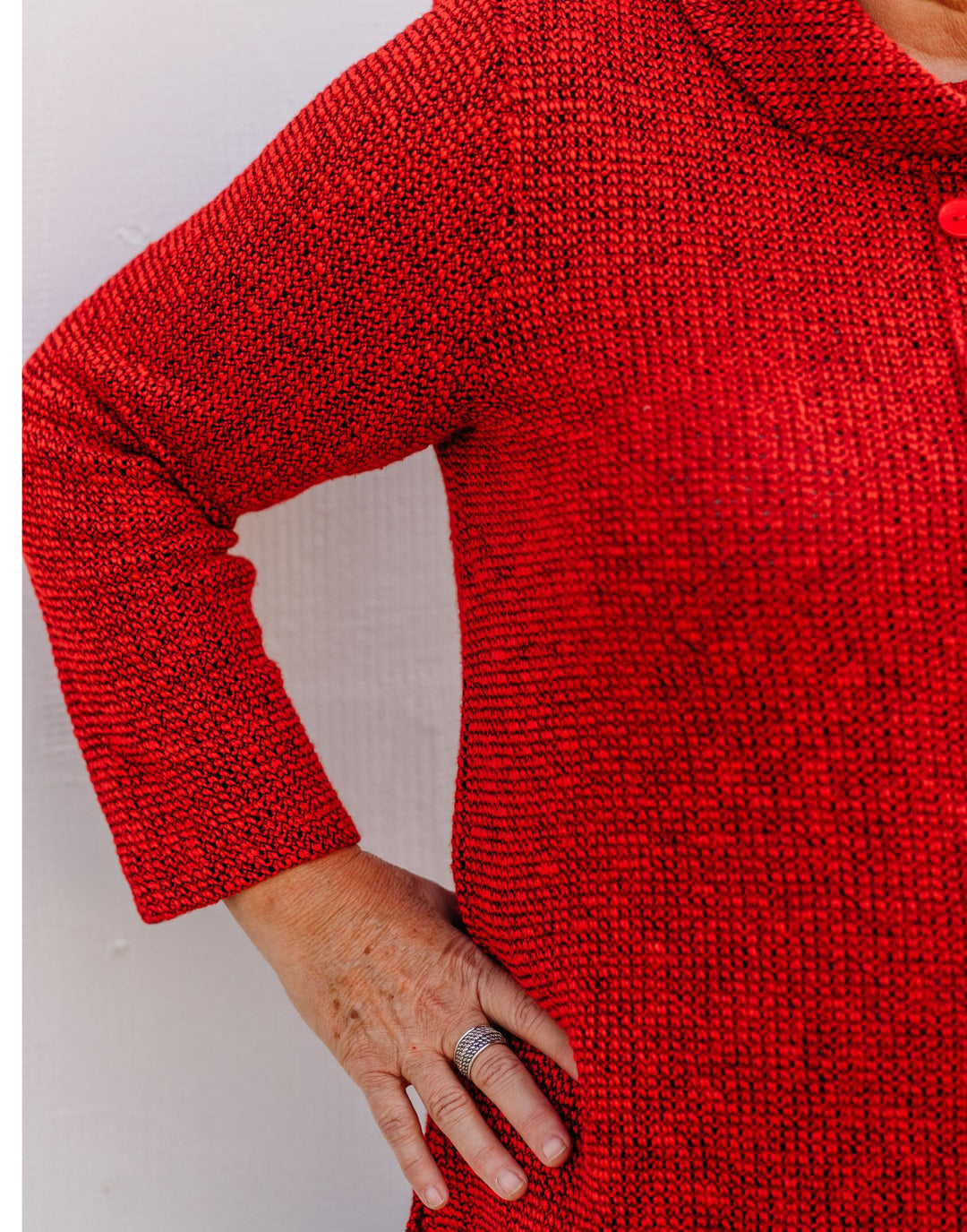 Multiples: 3/4 Sleeve Cowl Collar Solid Novelty Knit Top with Faux Button M44112TM - 640 Vivid Red
