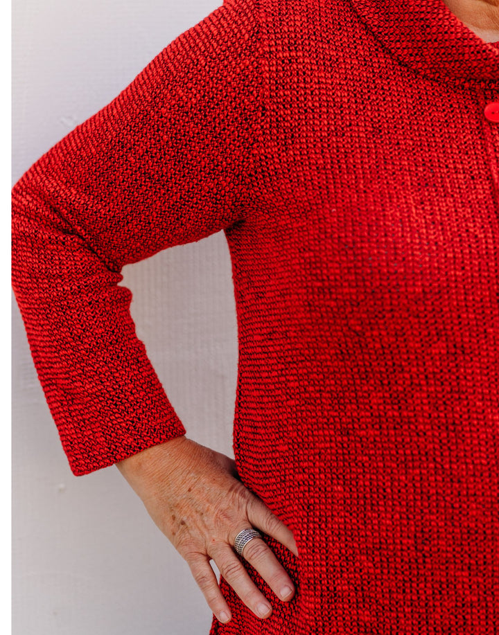 Multiples: 3/4 Sleeve Cowl Collar Solid Novelty Knit Top with Faux Button M44112TM - 640 Vivid Red