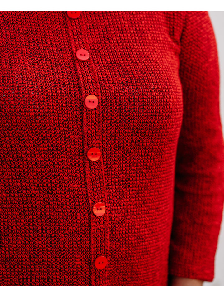 Multiples: 3/4 Sleeve Cowl Collar Solid Novelty Knit Top with Faux Button M44112TM - 640 Vivid Red