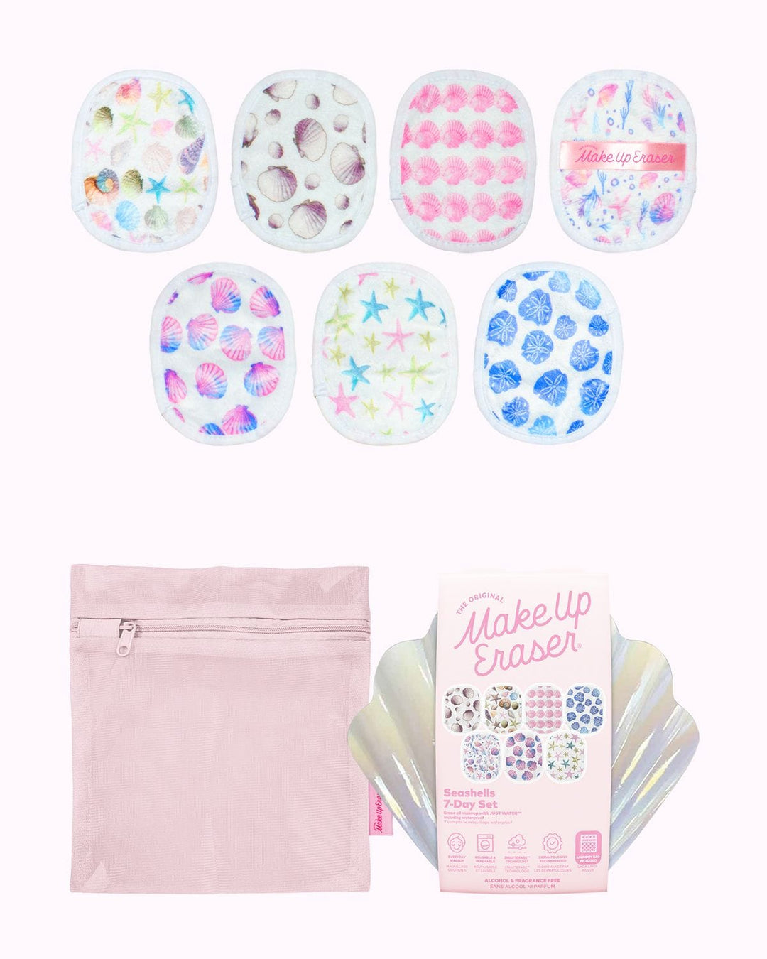 Makeup Eraser Seashells 7-Day Set with ocean-themed patterns and pink storage case