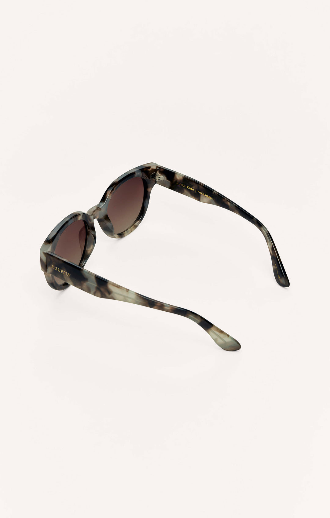 Z Supply Lunch Date polarized sunglasses in gray tortoise shell with brown gradient lenses, rear angle view