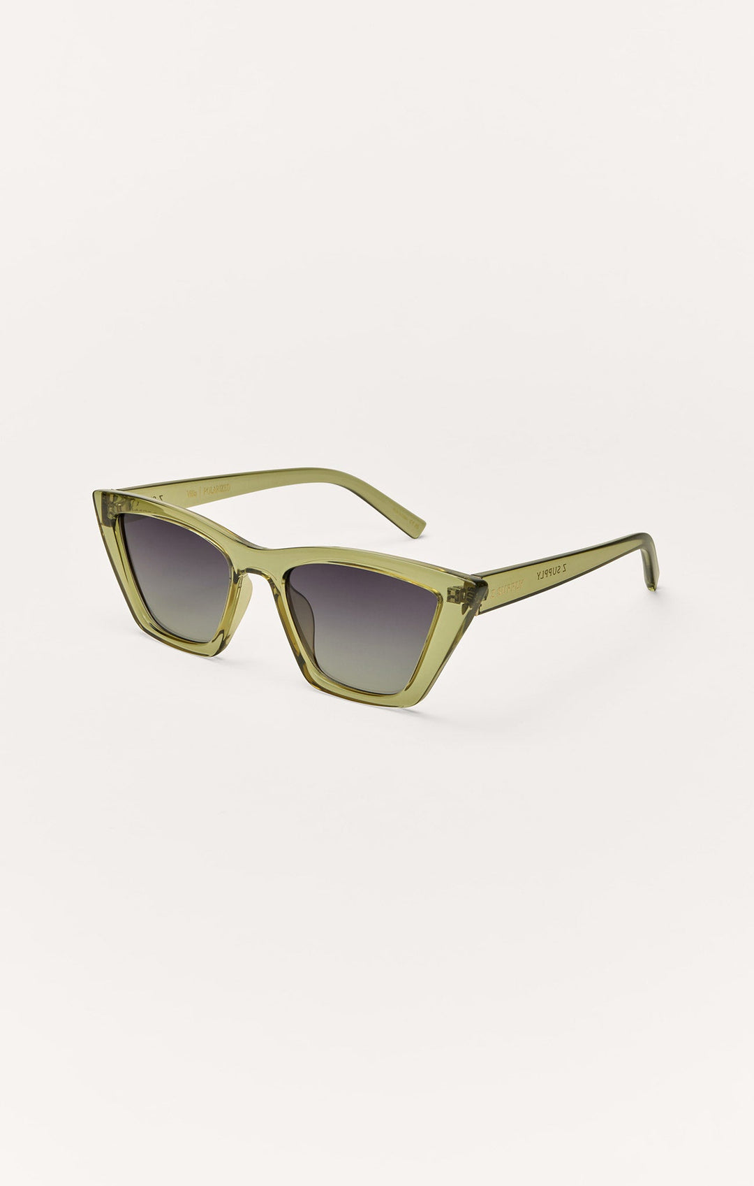 Z Supply Villa Carmel cat-eye sunglasses in olive green transparent frame with gradient polarized lenses