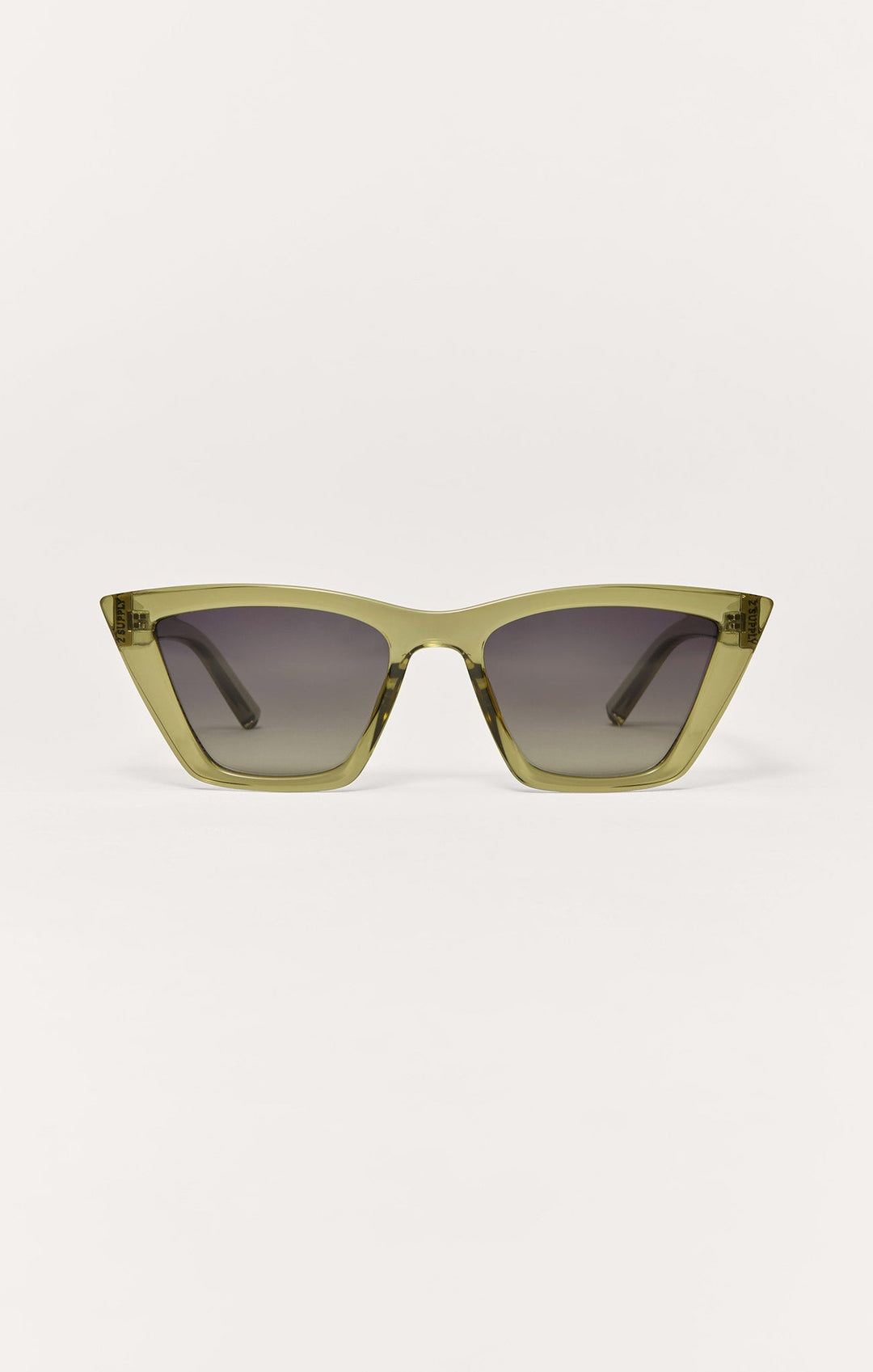 Z Supply Villa Carmel cat-eye sunglasses in transparent olive green with gradient gray polarized lenses