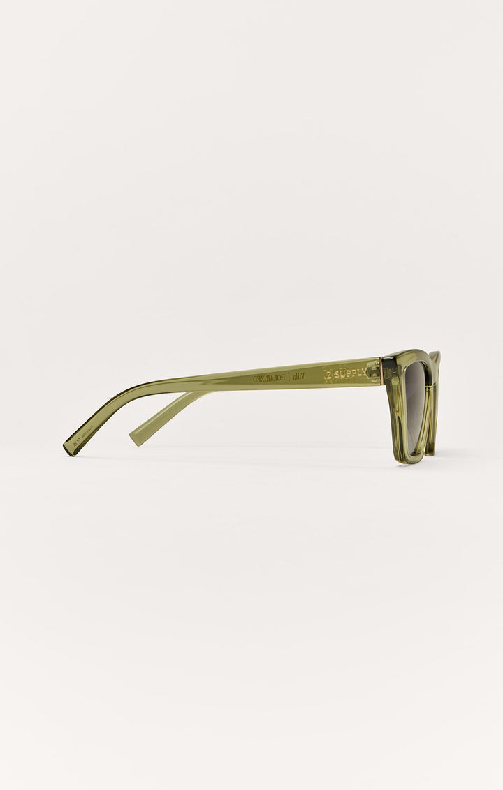 Z Supply Villa Carmel polarized sunglasses in olive green transparent frame, side profile view