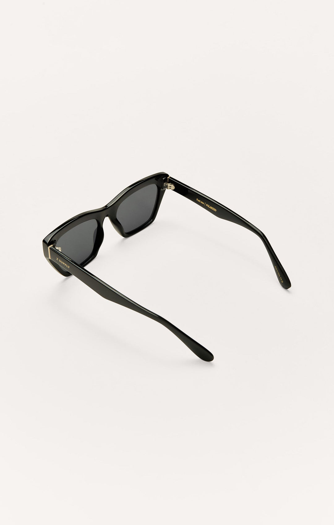 Z Supply Park Ave polarized sunglasses in polished black with grey lenses, rear angle view