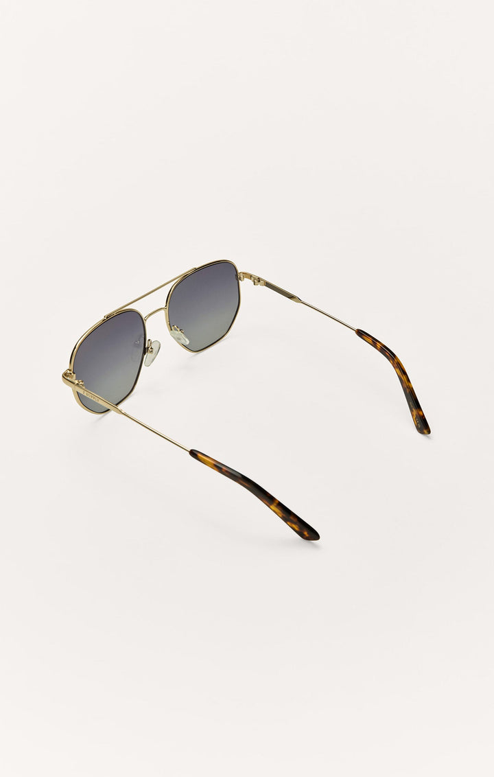 Z Supply Highway sunglasses in satin gold with tortoise tips and brown polarized lenses, rear angle view