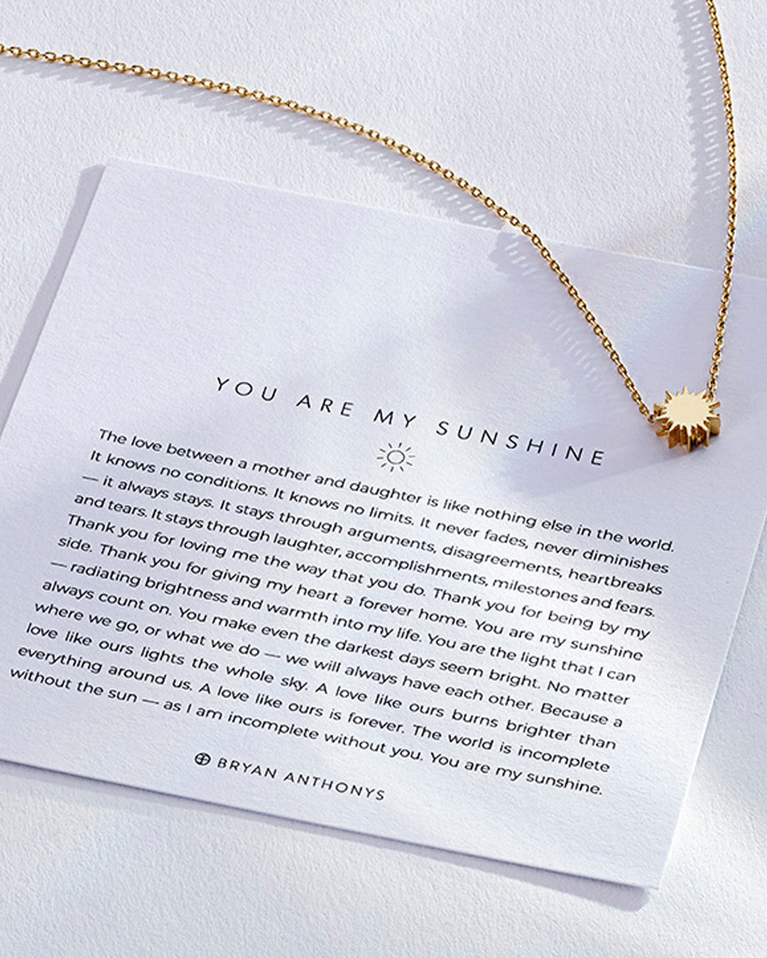 Bryan Anthony You Are My Sunshine gold necklace with sun pendant and gift card